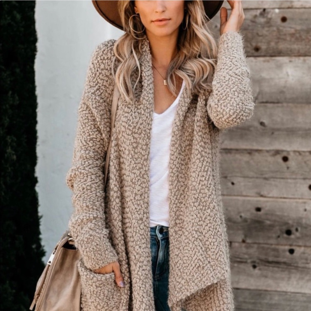 Vici Taupe Textured Open Front Cardigan
